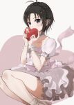  1girl antenna_hair black_hair box box_of_chocolates choker dress frilled_dress frills grey_eyes hair_ribbon heart highres idolmaster idolmaster_(classic) idolmaster_2 kikuchi_makoto mogskg ribbon short_hair short_sleeves solo valentine white_dress 