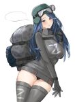  1girl backpack bag black_eyes blue_hair breasts closed_mouth cowboy_shot drawfag dress gloves helmet highres impossible_clothes impossible_dress kamaz-5350 long_hair looking_at_viewer non-web_source original panties pantyshot personification russo-ukrainian_war simple_background solo thighhighs underwear white_background z_(russian_symbol) zettai_ryouiki 