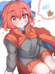  1girl arm_support blue_bow blurry blush bow cape depth_of_field feet_out_of_frame from_above hair_between_eyes hair_bow heart high_collar highres imaizumi_kagerou kkfri_2525 long_sleeves miniskirt red_cape red_eyes red_hair red_skirt sekibanki shirt short_hair simple_background sitting skirt solo spoken_animal spoken_character touhou wakasagihime white_background 