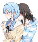  2girls aoiro_050 bang_dream! black_hair blue_hair blurry blush hair_twirling hidden_face hug hug_from_behind long_hair matsubara_kanon medium_hair multiple_girls okusawa_misaki pajamas polka_dot polka_dot_pajamas profile purple_eyes side_ponytail striped striped_pajamas sweat sweatdrop upper_body white_background yuri 