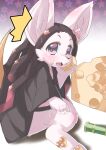  2021 5_fingers alternate_species anthro barefoot black_hair blush cheek_tuft cheese clothed clothing cute_fangs dairy_products demon_slayer eating emanata facial_tuft feet female fingers food food_on_face fur furrification hair hi_res holding_food holding_object kemono long_hair looking_at_viewer mammal mouse murid murine nezuko_kamado open_mouth pawpads paws pink_body pink_fur purple_eyes rodent solo tongue tuft whiskers zokucyoo 