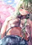  1girl absurdres blue_skirt blurry blurry_background blush breasts cherry_blossoms cherry_tree closed_mouth collared_shirt detached_sleeves eyebrows_visible_through_hair frog_hair_ornament from_below green_eyes green_hair green_nails hair_between_eyes hair_ornament hands_on_own_breasts highres kochiya_sanae long_hair looking_at_viewer looking_down maboroshi_mochi medium_breasts midriff nail_polish navel outdoors shirt skirt sleeveless sleeveless_shirt smile snake_hair_ornament solo touhou tree white_shirt wide_sleeves 