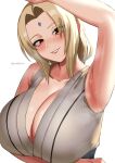  1girl absurdres alternate_breast_size arm_under_breasts arm_up armpits artist_name bare_shoulders blonde_hair blush breast_hold breasts brown_eyes cleavage collarbone commentary diamond_(shape) english_commentary facial_mark forehead_mark highres huge_breasts japanese_clothes kirinkirin long_hair looking_at_viewer mature_female naruto naruto_(series) presenting_armpit simple_background sleeveless smile solo steam sweat tsunade_(naruto) twitter_username upper_body white_background 