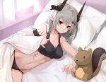  1girl arknights bangs bare_shoulders bed black_panties breasts cleavage commentary_request crop_top highres horns idashige_(walkietalkie) long_hair looking_at_viewer lying medium_breasts midriff mudrock_(arknights) on_side oripathy_lesion_(arknights) panties partial_commentary pillow pointy_ears red_eyes silver_hair smile solo sports_bra standing stuffed_squirrel underwear 