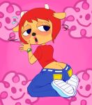  anthro big_butt blue_eyes blush bottomwear bovid butt butt_cleavage caprine clock clothing denim denim_clothing embarrassed female footwear fur hair horn jeans lammy_lamb lipstick looking_at_viewer looking_back makeup mammal outta_sync pants parappa_the_rapper pink_background red_hair sheep shirt shoes simple_background solo sony_corporation sony_interactive_entertainment tan_body tan_fur topwear um_jammer_lammy video_games watch wristwatch 