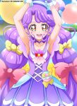  1girl :d armpits arms_up bare_arms bow breasts brown_eyes choker collarbone cure_coral day facial_mark hair_bow hanzou heart heart_facial_mark highres long_hair looking_at_viewer magical_girl open_mouth outdoors precure purple_choker purple_hair purple_sailor_collar purple_skirt red_bow sailor_collar shiny shiny_hair skirt small_breasts smile solo standing suzumura_sango tropical-rouge!_precure very_long_hair yellow_bow 