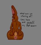  ambiguous_gender animal_humanoid anthro anus big_butt big_ears brown_body brown_eyes brown_fur butt depsu dialogue fur hand_on_butt hi_res humanoid lagomorph lagomorph_humanoid leporid leporid_humanoid male mammal mammal_humanoid paws presenting presenting_anus presenting_hindquarters rabbit simple_background sitting smile smiling_at_viewer solo solo_focus teasing usagi_(depsu) wide_hips 