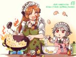  2girls apron back_bow bon_(rump) bow braid breasts closed_eyes collarbone collared_shirt commentary_request commission cooking egg eyebrows_visible_through_hair fire food fried_rice gradient gradient_background green_apron holding holding_knife hong_meiling izayoi_sakuya knife long_hair maid_headdress medium_breasts multiple_girls open_mouth orange_hair pink_apron red_eyes shirt silver_hair single_braid skeb_commission touhou triangle_mouth twin_braids v-shaped_eyebrows white_bow white_shirt yellow_background younger 