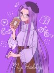  1girl absurdres black_headwear book brown_pants cowboy_shot eyebrows_visible_through_hair fate/stay_night fate_(series) glasses hair_intakes hat highres holding holding_book long_hair long_sleeves medusa_(fate) medusa_(rider)_(fate) nayu_tundora pants purple_eyes purple_hair round_eyewear shiny shiny_hair solo standing straight_hair sweater title very_long_hair 