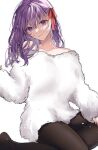  1girl bangs bare_shoulders black_legwear breasts copyright_request eyebrows_visible_through_hair feet_out_of_frame fur_sweater hair_between_eyes hair_ribbon head_tilt highres light_smile long_hair looking_at_viewer off-shoulder_shirt off_shoulder pantyhose purple_eyes purple_hair ribbon shimatori_(sanyyyy) shirt simple_background sitting solo white_background 