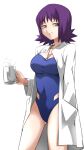  1girl ass_visible_through_thighs bangs blue_swimsuit breasts brown_eyes chiizu_ore cleavage coat coffee_mug commentary covered_navel cowboy_shot cup half-closed_eyes hand_in_pocket highres holding holding_cup labcoat large_breasts light_smile long_sleeves looking_at_viewer medium_hair mug navel o-ring one-piece_swimsuit open_clothes open_coat philena_ivy pokemon pokemon_(anime) purple_hair simple_background solo standing steam swimsuit taut_clothes taut_swimsuit white_background 