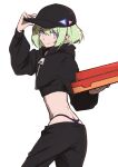  1boy adjusting_clothes adjusting_headwear androgynous aus_vaka black_headwear black_pants crossdressing eyebrows_visible_through_hair food green_hair grey_background hat highres holding holding_food holding_pizza hood hood_down lio_fotia looking_at_viewer male_focus midriff otoko_no_ko panties pants pizza pizza_box pizza_delivery promare purple_eyes purple_panties short_hair simple_background smile underwear whale_tail_(clothing) zipper 