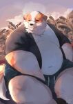  2022 absurd_res anthro belly big_belly black_nose bottomwear brown_body canid canine canis clothing detailed_background domestic_dog eyes_closed hi_res kemono l4zily male mammal outside overweight overweight_male shirt shorts sitting solo topwear white_body 