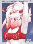  2022 absurd_res anthro blush bra breasts bust_portrait clothing digital_media_(artwork) english_text female fur hair hi_res hisuian_zoroark multicolored_body multicolored_fur multicolored_hair nintendo pok&eacute;mon pok&eacute;mon_(species) pokemon_legends_arceus portrait red_body red_eyes red_fur red_hair regional_form_(pok&eacute;mon) signature silviaxrk simple_background sports_bra text two_tone_body two_tone_fur two_tone_hair underwear video_games white_body white_fur white_hair yellow_sclera zoroark 