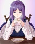  1girl :o angel blowing blue_dress blue_eyes blue_hair breasts chair coffee_cup coffee_mug commentary_request cup disposable_cup dress highres kamiya_ueshi long_hair long_sleeves medium_breasts mug multiple_wings pinafore_dress sariel_(touhou) seraph shirt sitting steam touhou touhou_(pc-98) upper_body very_long_hair white_shirt wings wooden_chair 