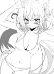  1girl animal_ear_fluff arms_up bangs bikini blush braid breasts cleavage collarbone commentary_request double_fox_shadow_puppet eyebrows_visible_through_hair fox_shadow_puppet fujimori_arata greyscale hair_between_eyes highres hololive long_hair looking_at_viewer medium_breasts monochrome navel shirakami_fubuki sidelocks single_braid smile solo swimsuit virtual_youtuber 