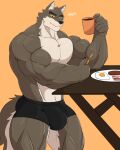  2022 anatake anthro bacon barazoku beverage biceps big_bulge big_muscles bulge canid canine canis cellphone clothing coffee coffee_mug container cup dialogue dreamworks egg english_text eyebrows food fur furniture hi_res holding_cup holding_object holding_phone huge_bulge huge_muscles male mammal meat mr._wolf_(the_bad_guys) muscular muscular_anthro muscular_male orange_background pecs phone plate quads sausage simple_background smartphone solo standing table text the_bad_guys tuft underwear wolf 