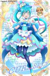  1girl 2022 :d apron bangs blue_eyes blue_hair blue_legwear bracelet character_name cure_spicy dated delicious_party_precure dress earrings eyebrows_visible_through_hair floating_hair food full_body fuwa_kokone gloves hair_between_eyes hanzou highres jewelry layered_dress long_hair looking_at_viewer magical_girl open_mouth pam-pam_(precure) pantyhose precure pretzel shiny shiny_clothes shiny_legwear short_sleeves side_ponytail smile solo twitter_username very_long_hair waist_apron white_apron white_gloves 