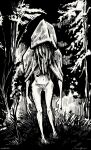  1other cloak elden_ring forest greyscale highres hood hood_up hooded_cloak monochrome monster mx_morgan nature signature solo standing wormface_(elden_ring) 