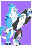  absurd_res anthro bodily_fluids cum cum_in_ass cum_inside genital_fluids hand_holding hi_res holding_leg looking_at_another looking_at_partner male male/male mizuiro_chizu muscular poli_adamantes sergal simple_background 