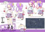  back bangs bare_shoulders black_footwear blush bow braid breasts character_sheet choker collarbone earrings fate/grand_order fate_(series) forehead full_body grey_skirt hair_bow hat highres jewelry long_hair miniskirt negi_(ulog&#039;be) off_shoulder parted_bangs purple_eyes purple_hair sandals scrunchie shirt sidelocks skirt small_breasts smile striped striped_skirt thigh_strap thighs translation_request very_long_hair white_shirt wrist_scrunchie wu_zetian_(fate) wu_zetian_(world_excursion)_(fate) yellow_bow 