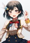  1girl bangs black_hair bow bowtie breasts collared_shirt eyebrows_visible_through_hair feather_hair_ornament feathers flower frilled_shirt frills hair_between_eyes hair_flower hair_ornament hand_up highres i&#039;ll_protect_your_smile!_(love_live!) idol_clothes looking_at_viewer love_live! love_live!_nijigasaki_high_school_idol_club medium_breasts mia_(fai1510) open_mouth red_bow red_bowtie shirt short_hair sidelocks simple_background solo upper_body white_background white_shirt yuuki_setsuna_(love_live!) 