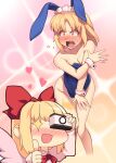  2girls alternate_costume angel_wings angry animal_ears blonde_hair blush bow bowtie breasts camera chibi cleavage collarbone collared_dress commentary_request constricted_pupils covering covering_breasts covering_crotch cropped_legs dress embarrassed fake_animal_ears feathered_wings female_pervert gengetsu_(touhou) hair_bow heart holding holding_camera juliet_sleeves kaiza_(rider000) leotard long_sleeves maid_headdress medium_breasts mugetsu_(touhou) multicolored_background multiple_girls nose_blush open_mouth pervert pink_dress playboy_bunny puffy_sleeves rabbit_ears red_bow red_bowtie short_hair shouting siblings sisters sparkle sparkling_eyes standing strapless strapless_leotard sweatdrop taking_picture thumbs_up touhou touhou_(pc-98) v-shaped_eyebrows white_wings wings wrist_cuffs yellow_eyes 