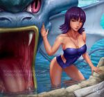  1girl artist_name beach bikini blue_swimsuit blurry blurry_background breasts brown_eyes casual_one-piece_swimsuit cleavage commentary covered_navel dated depth_of_field deviantart_username english_commentary fangs gyarados highres italian_commentary large_breasts lips looking_at_viewer mixed-language_commentary o-ring ocean one-piece_swimsuit open_mouth patreon_username philena_ivy pokemon pokemon_(anime) purple_hair realistic sciamano240 signature smile solo strapless strapless_swimsuit swimsuit wading water water_drop watermark web_address wet 