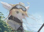  1girl animal_ear_fluff animal_ears arknights bangs black_scarf blonde_hair blush commentary_request day expressionless fox_ears goggles goggles_on_head highres looking_ahead middletwo official_alternate_costume outdoors parted_lips scarf solo suzuran_(arknights) suzuran_(lostlands_flowering)_(arknights) upper_body 