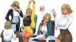  3girls arms_up artist_name bangs breasts business_suit cellphone chair chopsticks closed_mouth commentary dark-skinned_female dark_skin fingernails fire_emblem fire_emblem_heroes fjorm_(fire_emblem) food formal glasses gradient gradient_hair green_hair highres holding keyboard_(computer) laegjarn_(fire_emblem) laevatein_(fire_emblem) long_hair long_sleeves looking_at_viewer medium_breasts meziosaur monitor mouth_hold multicolored_hair multiple_girls multiple_views notepad office_lady open_clothes open_mouth orange_hair paper phone shirt short_hair signature simple_background skirt suit sunglasses sushi table white_shirt 