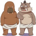  2022 anthro belly big_belly butu_z duo hiroshi_odokawa_(odd_taxi) kemono kensuke_shibagaki_(odd_taxi) male mammal marine moobs odd_taxi overweight overweight_male pinniped simple_background suid suina sus_(pig) towel walrus wild_boar 