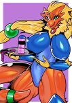  accessory anthro blaziken blonde_hair blue_clothing blue_suit clothing condom female furgonomics green_eyes green_gem hair hi_res holding_plate hybrid jewelry legendary_pok&eacute;mon long_hair lube_bottle lugia nintendo plate pok&eacute;mon pok&eacute;mon_(species) purple_background red_body red_gem ring rubber rubber_clothing rubber_shoes rubber_suit sexual_barrier_device simple_background solo tail_accessory tail_jewelry tail_ring video_games white_background zxc 