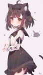  1girl ahoge animal_ear_fluff animal_ears annin_miru annin_miru_channel bangs black_bow black_flower black_rose black_skirt blunt_bangs blush bow brown_eyes brown_hair cat_ears cat_tail choker closed_mouth earrings extra_ears eyebrows_visible_through_hair flower frilled_skirt frills from_side hair_bow hair_flower hair_ornament heart heart-shaped_pupils heart_earrings high-waist_skirt highres jewelry long_sleeves looking_at_viewer looking_to_the_side own_hands_together puffy_sleeves roin rose short_hair sidelocks simple_background skirt solo symbol-shaped_pupils tail upper_body 