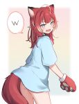  1girl :3 :d ahoge akami_karubi amashiro_natsuki animal_ear_fluff animal_ears animal_hands ass bangs blue_eyes blue_shirt commentary eyebrows_visible_through_hair fangs gloves highres indie_virtual_youtuber long_hair looking_at_viewer looking_back multicolored_hair paw_gloves red_gloves red_hair shirt short_sleeves smile solo spoken_letter streaked_hair tail v-shaped_eyebrows 