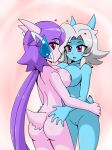  &lt;3 &lt;3_eyes anthro blue_body blush bodily_fluids breast_squish breasts breasts_frottage butt dragon duo female female/female freedom_planet freedom_planet_2 genitals grey_hair hair horn hybrid kenjikanzaki05 long_hair looking_at_viewer looking_back mammal purple_body purple_hair pussy saliva saliva_string sash_lilac scut_tail short_tail squish video_games 
