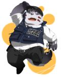  2016 anthro belly big_belly black_nose bottomwear clothing eyes_closed hat headgear headwear hinami humanoid_hands kemono male overweight overweight_male pants police popori shirt solo tera_online topwear unavailable_at_source video_games 