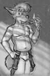  2022 absurd_res anthro belly bottomwear canid canine canis clothed clothing domestic_dog froburr fur hair hand_in_pocket hi_res looking_at_viewer male mammal match monochrome navel pants pockets sherlock_hound sherlock_hound_(series) sketch slightly_chubby smoking_pipe solo suspenders topless 