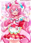  1girl :d apron bangs blush bow bow_hairband breasts choker collarbone cowboy_shot cure_precious delicious_party_precure earrings eyebrows_visible_through_hair gloves hair_between_eyes hair_bow hairband hanzou highres jewelry kome-kome_(precure) layered_skirt long_hair looking_at_viewer magical_girl miniskirt nagomi_yui pink_hair pink_hairband pleated_skirt precure purple_eyes red_bow red_choker red_skirt shiny shiny_hair skirt small_breasts smile solo tied_hair twintails v very_long_hair waist_apron white_apron white_gloves 