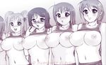  5girls bb blush breasts erect_nipples female glasses large_breasts lineup long_hair monochrome multiple_girls navel nipples no_bra open_mouth ponytail smile twintails 