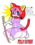  animal_ears big_butt blue_eyes blush breasts butt cat english_text feline female furry kyatto_ninden_teyandee looking_back machine mammal mechanical otama_(kyatto_ninden_teyandee) pantsuneko polly_esther pururun robot samurai_pizza_cats sword tail text weapon 