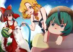 3girls alternate_costume aqua_hair ascot bikini blonde_hair bow breasts brown_hair chibi cleavage commentary_request curly_hair detached_sleeves eyelashes food frilled_bikini frilled_bow frills fruit green_eyes hair_bow hair_tubes hakurei_reimu hat highres holding holding_food holding_fruit holding_hose horns hose kirisame_marisa komano_aunn long_hair long_sleeves medium_breasts midriff multiple_girls no_hat no_headwear nontraditional_miko open_mouth red_bow red_skirt red_vest ribbon-trimmed_sleeves ribbon_trim single_horn skirt straw_hat summer swimsuit touhou uchisaki_himari vest water watermelon white_bikini wide_sleeves yellow_ascot 