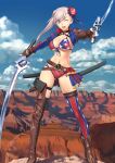  1girl absurdres american_flag_bikini asymmetrical_gloves asymmetrical_hair bangs belt bikini blue_bikini blue_eyes blue_jacket blue_ribbon blue_sky boots breasts bun_cover choker cleavage cloud cropped_jacket dual_wielding elbow_gloves fate/grand_order fate_(series) fingerless_gloves flag_print front-tie_top gloves gunblade hair_bun highres holding jacket large_breasts miyamoto_musashi_(fate) miyamoto_musashi_(swimsuit_berserker)_(fate) non-web_source official_art pink_hair ponytail red_bikini ribbon scabbard sheath sky smile solo string_bikini swimsuit thigh_boots thighhighs underboob uneven_gloves waist_cape weapon 
