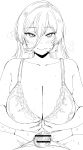  1boy 1girl absurdres bar_censor blush bra breasts censored cleavage closed_mouth commentary eyebrows_visible_through_hair fang greyscale hair_between_eyes hetero highres kaiman_garupan lace-trimmed_bra lace_trim large_breasts long_hair looking_at_viewer monochrome nijisanji nui_sociere penis pov simple_background skin_fang smile solo_focus steaming_body tsurime underwear undressing upper_body virtual_youtuber white_background 