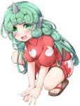  1girl absurdres aqua_hair blush buttons cloud_print commentary_request curly_hair geta green_eyes heart highres hiro_(pqtks113) horns kariyushi_shirt komainu komano_aunn long_hair open_mouth red_shirt shirt shorts simple_background single_horn squatting touhou white_background white_shorts 