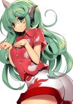  1girl aqua_hair ass breasts buttons closed_mouth cloud_print collared_shirt commentary_request curly_hair green_eyes grey_horns happy heart horns kariyushi_shirt komainu komainu_ears komano_aunn long_hair looking_at_viewer medium_breasts midriff_peek paw_pose red_shirt sakurame shirt short_sleeves shorts simple_background single_horn smile touhou white_background white_shirt white_shorts 