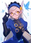  1girl absurdres adjusting_eyewear bangs bespectacled black-framed_eyewear black_gloves blue_butterfly blue_dress blue_hairband blush book breasts bug butterfly closed_mouth dress elbow_gloves glasses gloves gradient gradient_background hairband hand_up happy head_wings highres holding holding_book lavenza_(persona_5) long_hair looking_to_the_side persona persona_5 platinum_blonde_hair puffy_short_sleeves puffy_sleeves reagan_long round_eyewear shiny shiny_hair short_sleeves small_breasts smile solo standing swept_bangs upper_body white_background yellow_eyes 