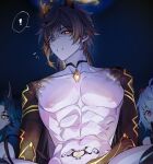  ! 1girl 2boys abs bangs black_hair brown_hair dragon_horns english_commentary ganyu_(genshin_impact) genshin_impact godwkgodwk gradient_hair hair_between_eyes highres horns long_hair looking_at_viewer male_focus multicolored_hair multiple_boys nipples nude orange_hair parted_lips pubic_tattoo purple_eyes reward_available simple_background solo_focus spoken_exclamation_mark tattoo toned toned_male upper_body very_long_hair xiao_(genshin_impact) yellow_eyes zhongli_(genshin_impact) 