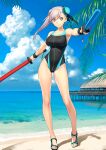  1girl absurdres asymmetrical_hair bangs bare_shoulders black_ribbon black_swimsuit blue_eyes blue_swimsuit blush breasts bun_cover cleavage collarbone competition_swimsuit cowboy_shot dual_wielding fate/grand_order fate_(series) fighting_stance hair_bun hair_ornament hair_ribbon highleg highleg_swimsuit highres holding large_breasts long_hair looking_at_viewer miyamoto_musashi_(fate) miyamoto_musashi_(swimsuit_berserker)_(fate) non-web_source official_art one-piece_swimsuit pink_hair pose ribbon shiny shiny_hair side_ponytail smile solo swept_bangs swimsuit sword toy_sword two-tone_swimsuit weapon white_background wristband 