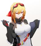  1girl bangs black_gloves blonde_hair breasts dress earrings eyewear_on_head gloves goggles goggles_on_head hair_between_eyes hairband hammer highres holding holding_stylus holding_tablet_pc hololive hololive_indonesia jewelry kaela_kovalskia large_breasts long_hair looking_down medium_hair red-tinted_eyewear red_eyes red_hairband simple_background single_earring solo stylus tablet_pc tinted_eyewear upper_body virtual_youtuber white_background white_dress yuu_azma 