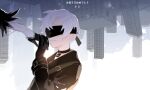  1boy 1girl black_blindfold black_choker black_gloves blindfold building character_name choker closed_mouth gloves highres holding holding_hands iris_(user_pskd5754) light_particles nier_(series) nier_automata smile solo_focus upside-down white_hair yorha_no._2_type_b yorha_no._9_type_s 